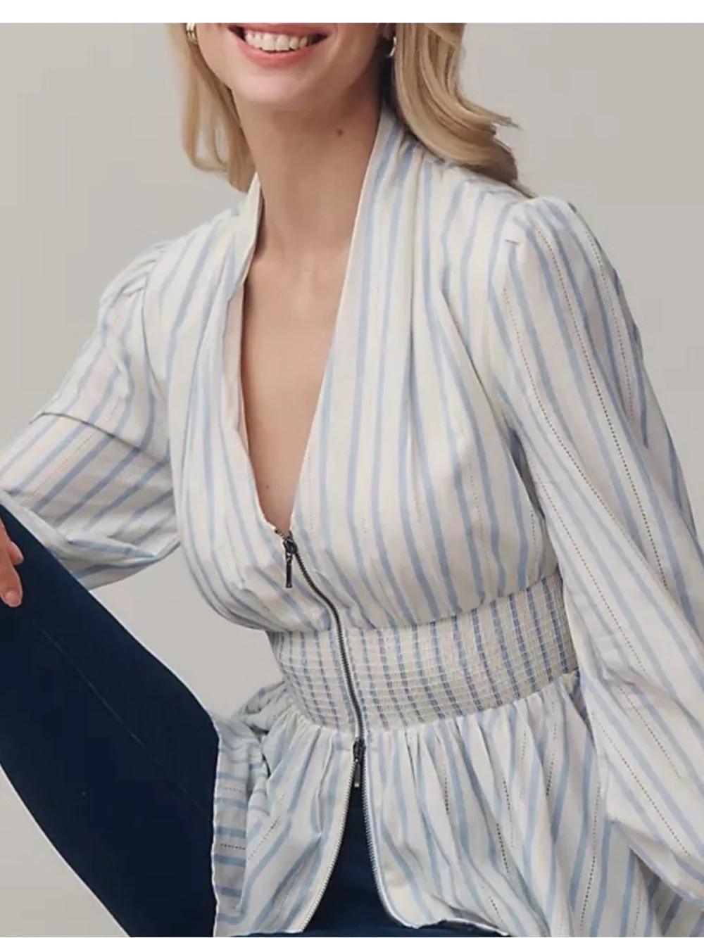 Anthropologie Tommie Long-Sleeve Smocked Front-Zip Blouse